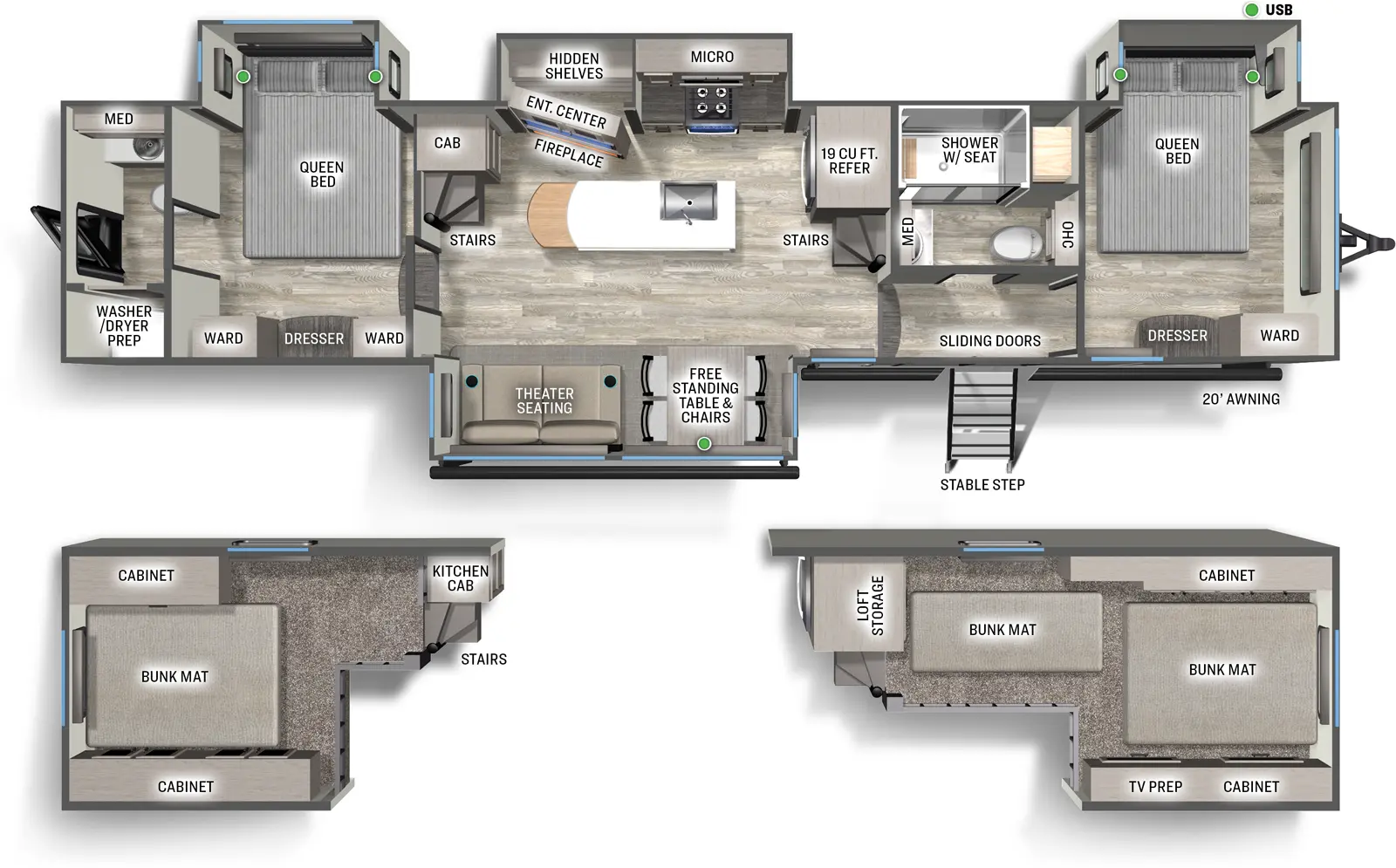 The 40DUPLEX has four slideouts and two entries. Exterior features 21 foot awning and stable step main entry. Interior layout front to back: off-door side queen bed slideout with door side dresser and wardrobe; main entry and off-door side full bathroom with medicine cabinet and shower with seat; loft above with storage, cabinets, TV prep, and bunk mats; stairs to front loft and refrigerator along inner wall; off-door side slideout with kitchen counter, cooktop, microwave, entertainment center with fireplace and hidden shelves behind; kitchen island with sink; door side slideout with free-standing table and chairs, and theater seating; cabinet and stairs to rear loft along inner wall; rear loft with cabinets and bunk mat; rear bedroom and bathroom with off-door side queen bed slideout, door side dresser with wardrobes on each side, and half bathroom with washer/dryer prep and rear entry.